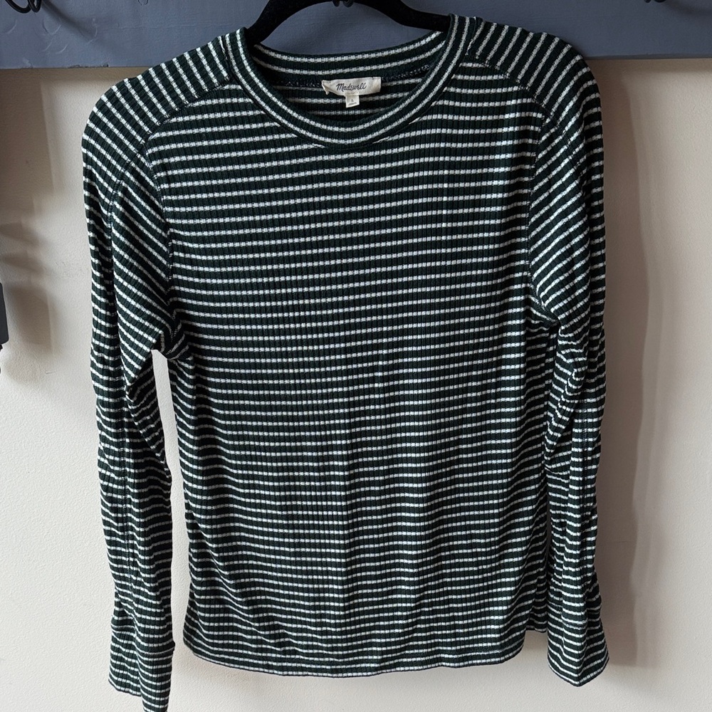 Madewell Green and White Striped Long Sleeve Shirt